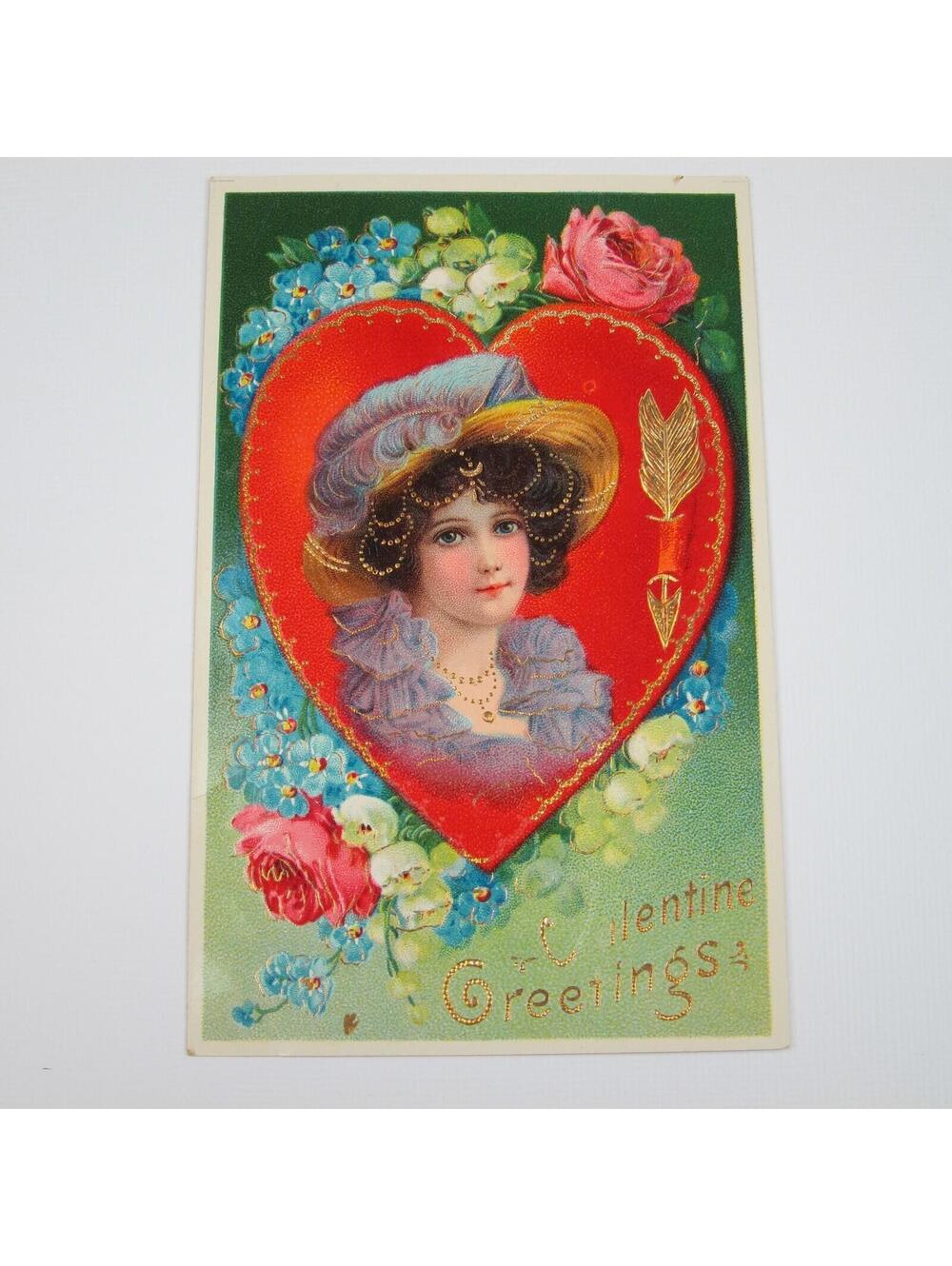 Postcard Greeting Valentine Antique Lady Purple Hat Red Heart Blue Flowers Gold